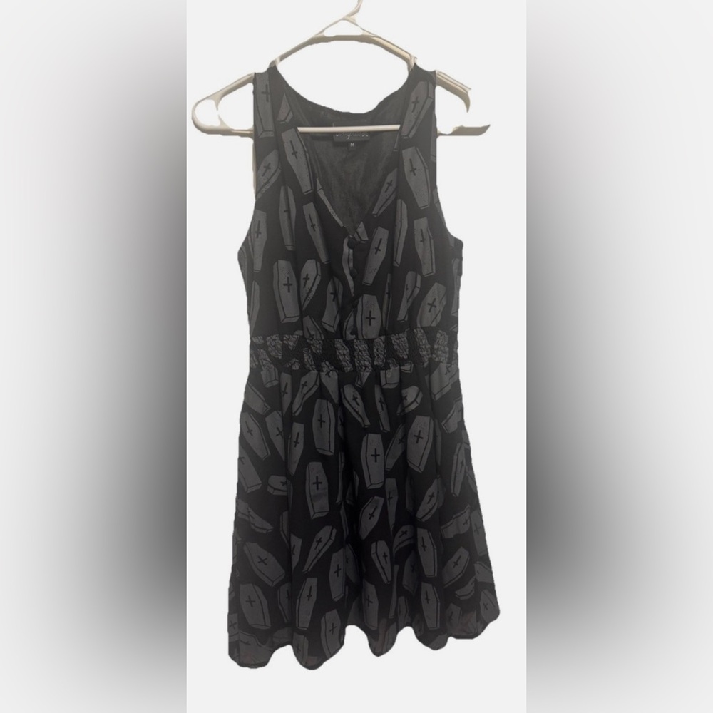 Sourpuss Black and Gray Mini Dress with Coffin Pattern